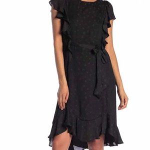 NWT Max Studio Womens Black Star Print Ruffle Trim Dress